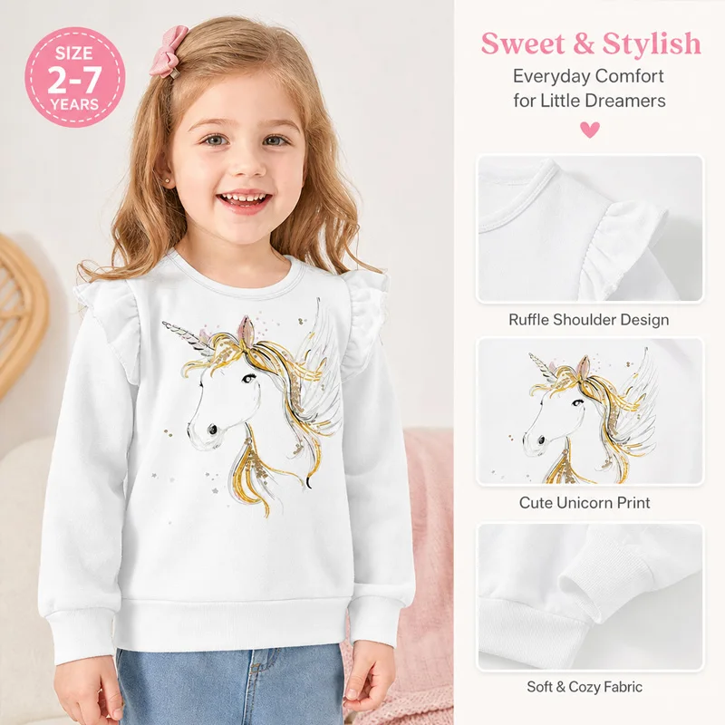 Little Hand Girls Long‑Sleeve Sweatshirt Ruffle Flutter Sleeve Top Unicorn Print Kids Crew‑Neck Pullover 2‑7Y Toddler Clothing