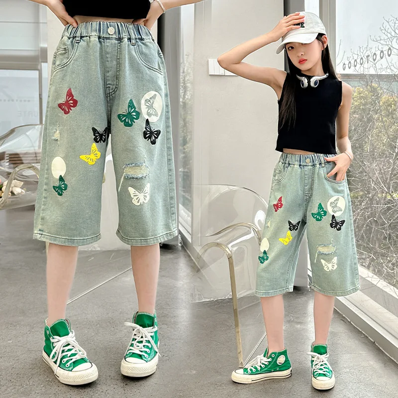 Kids Summer Denim Shorts with Butterfly Printing for Teens Girl Casual Straight Jeans Capris Tweens Child Mid-Calf Denim Pants