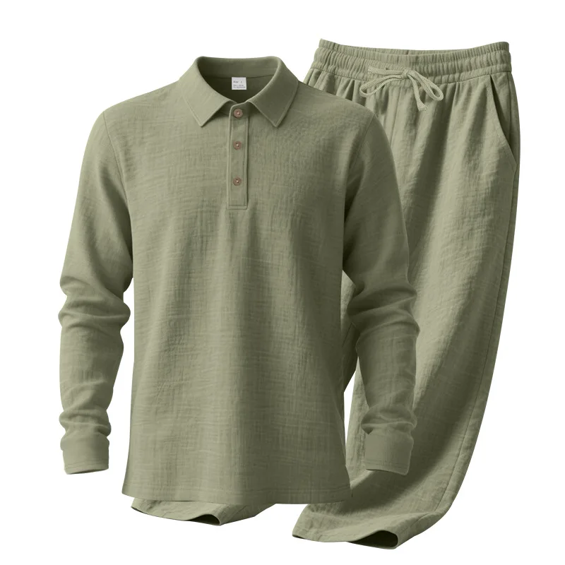 2026 Cross-Border Frühling und Herbst Leinen Herren Casual Loose Fit Polo-Shirt Langarm-Hosen Zweiteiler-Set