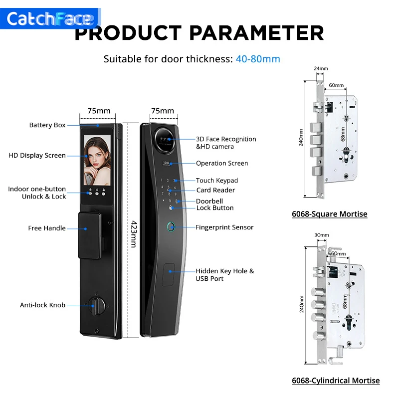 

Facial Recognition Automatic Door Lock TUYA Front Door Fingerprint Smart Lock Digit Camera Visible Inner Screen