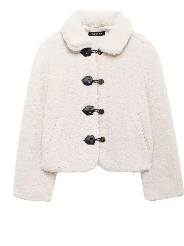 Dames 2024 Chique Effen Witte Jas Turn-down Kraag Lamswol Single-breasted Zak Dames High Street Korte Jas Winter