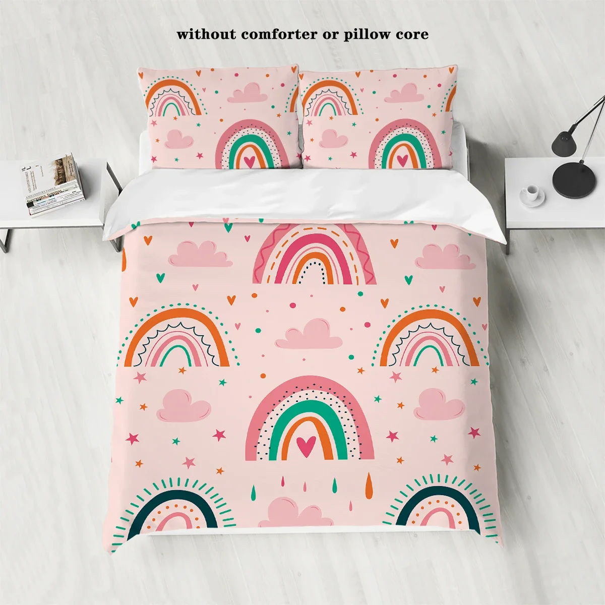 3-piece down duvet cover with cartoon rainbow pattern print (1 duvet cover+2 pillowcases, no core) girls' bedding set