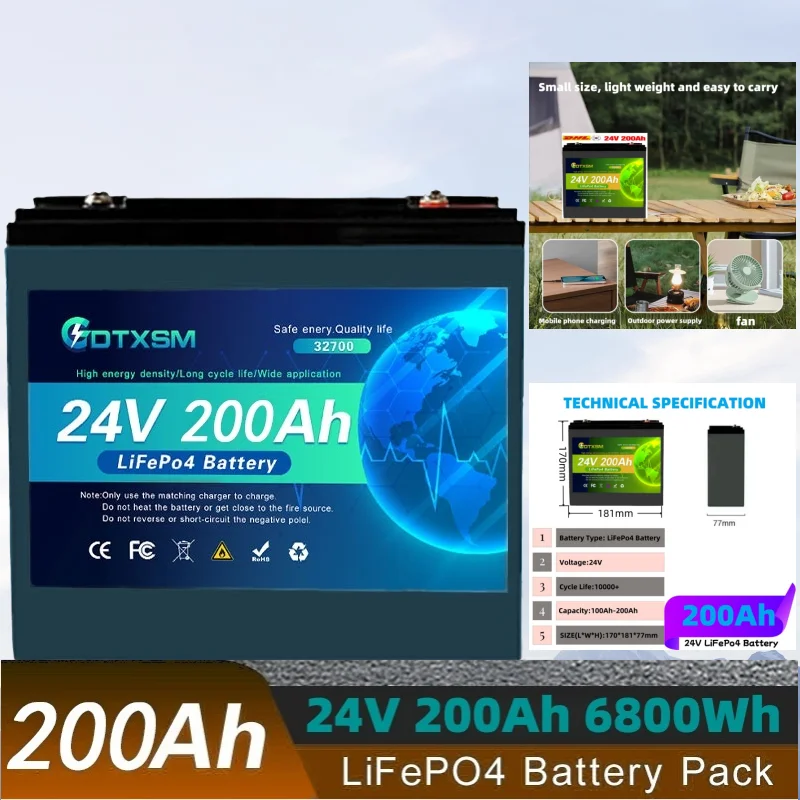 

32700 24V LiFePO4 200Ah Battery Built-inBMS RV Rechargeable Lithium Iron Phosphate Solar Power System RV House Trolling Mo