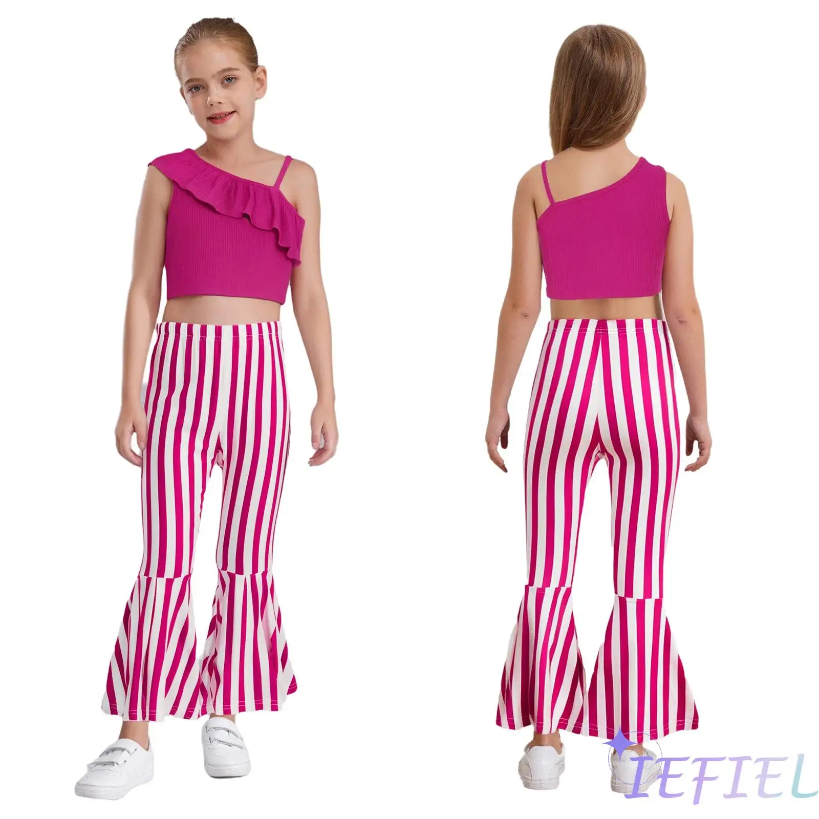 

Girls Dance Performance Costume Sleeveless Asymmetrical Ruffles Ribbed Crop Top with Elastic Waistband Bell-Bottomed Pants