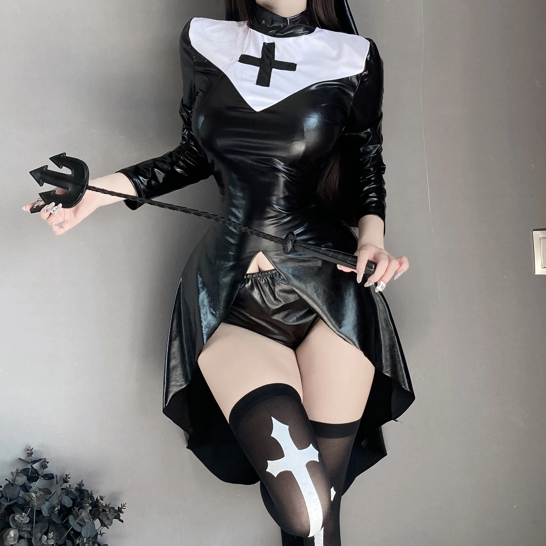 Halloween Costume Sexy Nun Cosplay Tights Vampire Cross Dark Gothic Dress Pu Faux Leather Hollow Out Costume Black White Nun