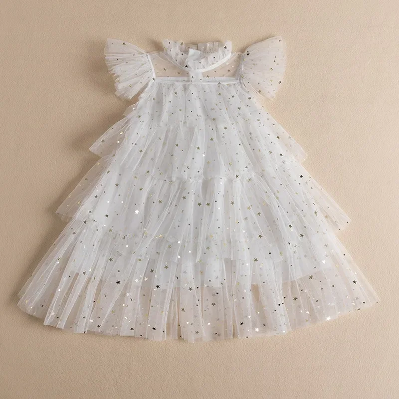 

Summer Fly Sleeve Sequined Princess Mesh Tutu Dresses Kid Party Costume Girl Clothes 4 5 6 Girls Layered Dress Birthday Dress
