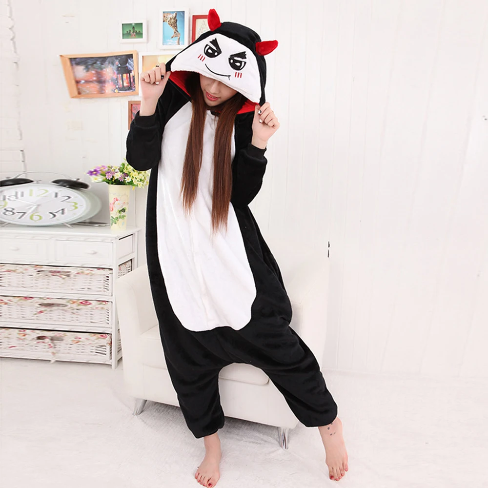 Black Evil Hooded Flannel One-piece pajamas Cartoon Button Onesie Couple Sleepwear Leisure wear Women Men Halloween Cosplay