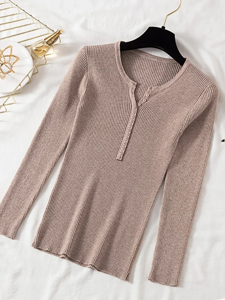 AOSSVIAO 2024 Autumn Winter Button V Neck Sweater Women Basic Slim Pullover Women Sweaters And Pullovers Knit Jumper Ladies Tops