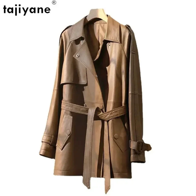 Tajeyane-Chaqueta de cuero auténtico para mujer, abrigo de piel de oveja auténtica, de longitud media, elegante, de doble botonadura