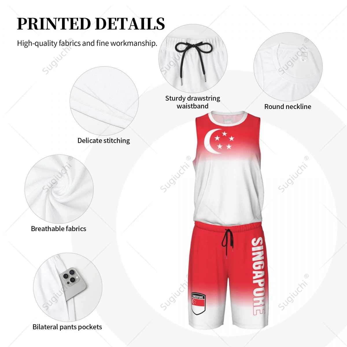 Men Singapore Flag Basketball Jersey Set Mesh Shirt & Pants Sleeveless Exclusive Team-up Custom Name Nunber Unisex