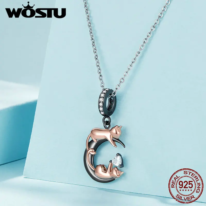 WOSTU 925 Sterling Silver Rose Gold Two-Tone Lovely Cat Charms Rose Pendant Mom Hollow Beads Fit Original Bracelet DIY Necklace