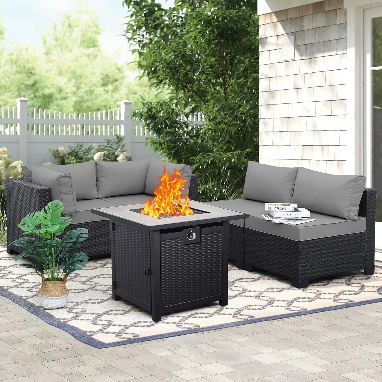 5-Piece Outdoor Rattan Sectional Sofa Set with Propane Fire Pit Table & Grey Cushions for Patio Garden, Customized