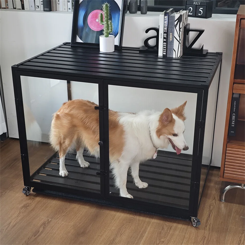 Stylish Anti-Scratch Tempered Glass Dog Crate Furniture Side End Table Aluminium Frame Pet Dog Kennel Cage on Wheels with Tray