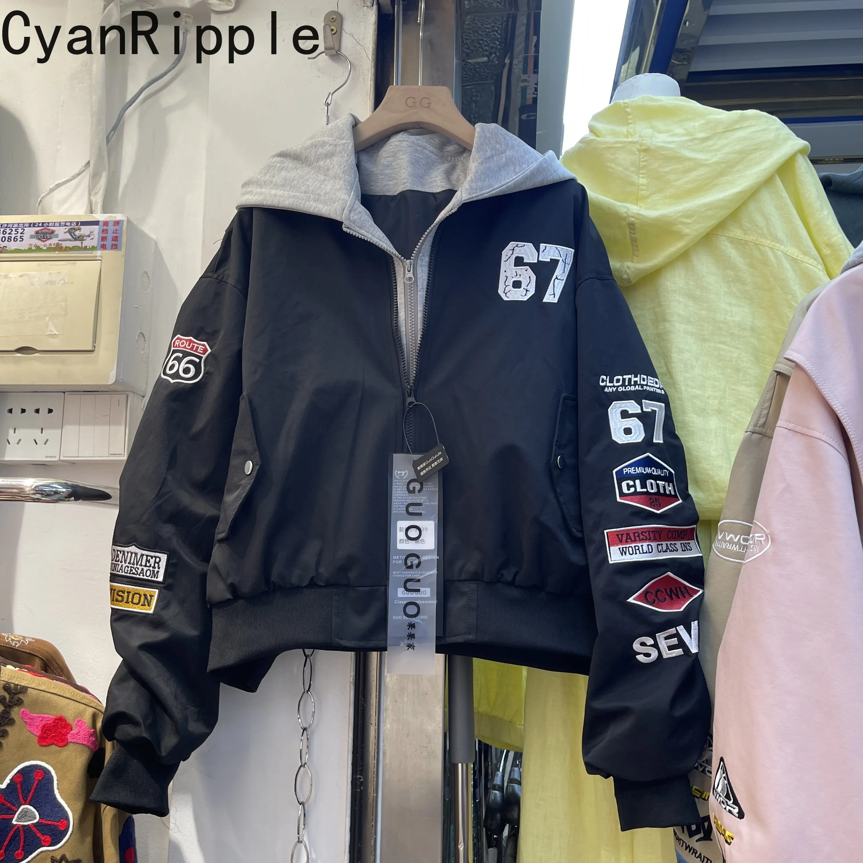 2026 New Autumn Fashion Faux Two-piece Hooded Jacket American Letters Embroidery Loose Long Sleeve Baseball Coat Handsome Jacket