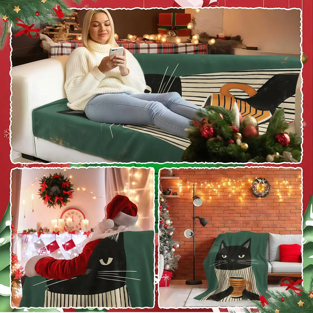 Striped shirt coffee cat Winter Summer Flannel Blanket Throw Fleece Soft Fuzzy Plush Cozy Fleece Blankets for Sofa Ideal Gifts