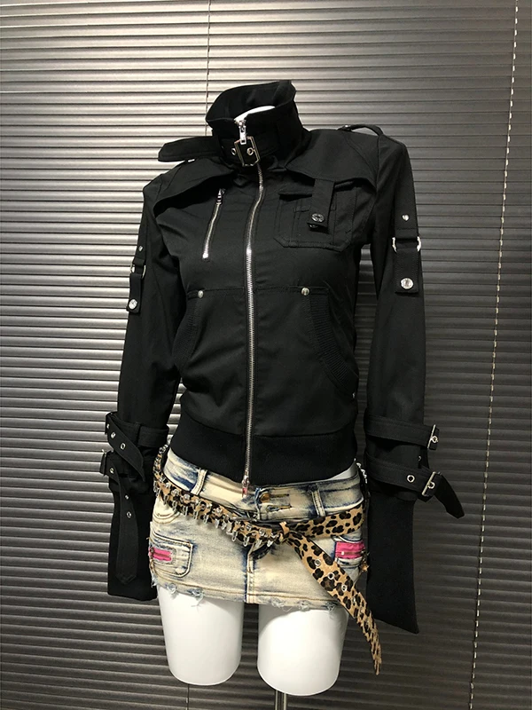 

Heya Original Bla Retro Biker Jaet Women's Autumn Winter American Sle Streetwear Slim Fit Cotton Zipper Long Sve Coat