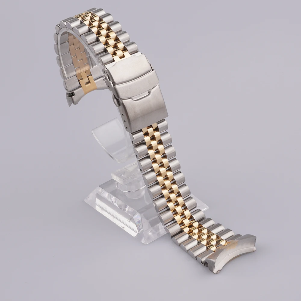 CARLYWET 22mm Middle Gold Solid CurvedEnd Stainless Steel Jubilee Watch Band Strap Luxury Bracelets For Seiko 5 SRPD53 63 73 55