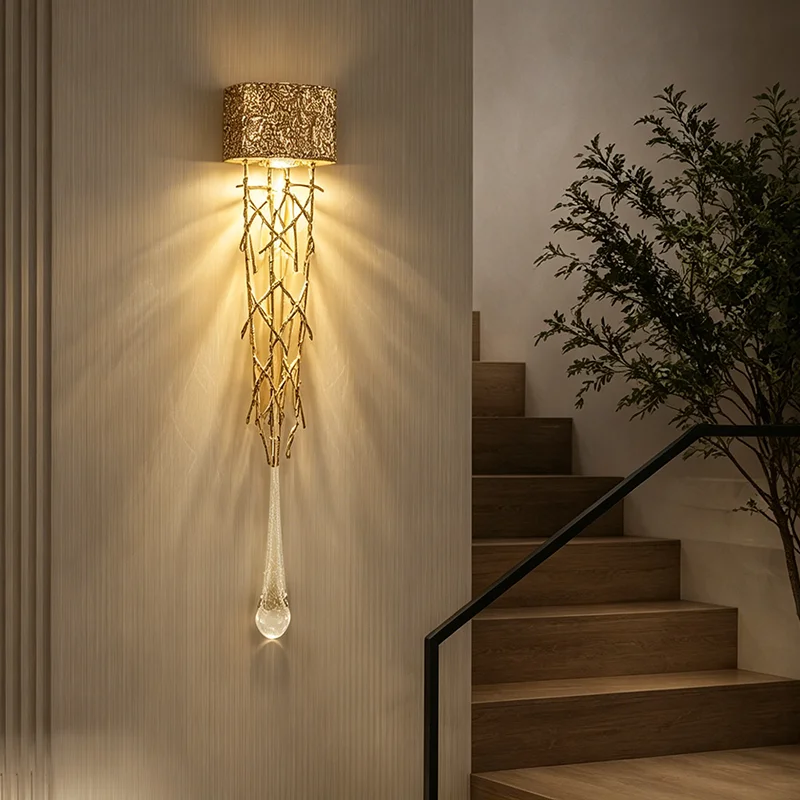 Bedside Crystal Wall Scone Lamp For Bedroom Stairs Living Room Luxury Gold Water Drop Glass Bedside Interior Crystal Wall Lights