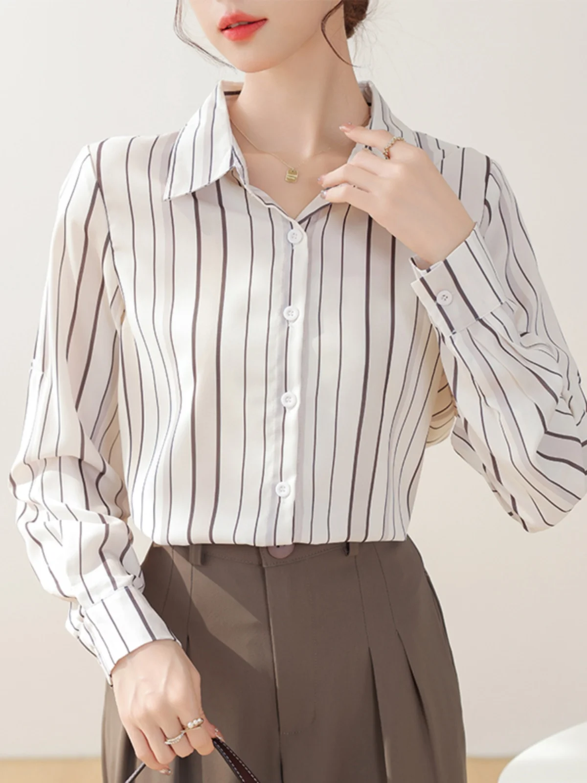 

Women's Long Sve Chiffon irt Striped Base Layer Faionable Inner Wear Top Commute Sle Slim Fit Polyester Material