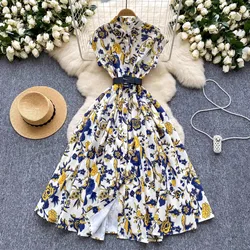Women's Lapel Collar Vintage Midi Shirt Dress Summer Runway Pleated Short Sleeve Retro Jungle Print Belt Ladies Midi Vestidos