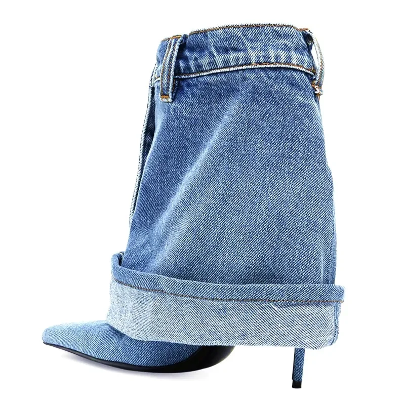 Blue Denim Slim Heel Cuffed Short Boots Rivet Pocket Design Pointed Toe Metal Buckle High Heel Fashion Large Size 43 Women Boots