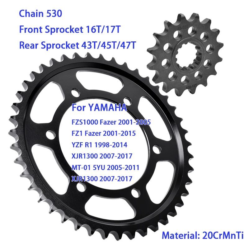 530 16T/17T Front 43T/45T/47T Rear Sprocket for YAMAHA FZ1 Fazer FZS1000 ABS 2001-2015 YZF R1 SP LE MT-01 2005-2011 XJR 1300 C