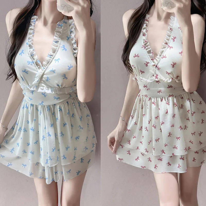One Piece Swimsuit Swimming Suit for Women New Fashion Retro Japanese Style Backless Simple High-Waisted Beach Vacation Dress