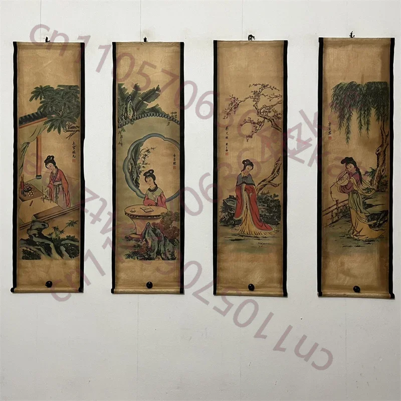 China Old Scroll Painting, Four Screen Paintings, Middle Hall Hanging Painting, Chinese beauties