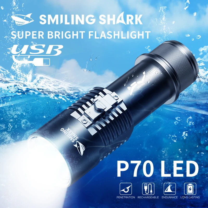 SmilingShark Diving Flashlight Led 5000LM Super Bright Underwater Equipment  Rechargeable Diving Lamp Outdoor Waterproof SDQ35