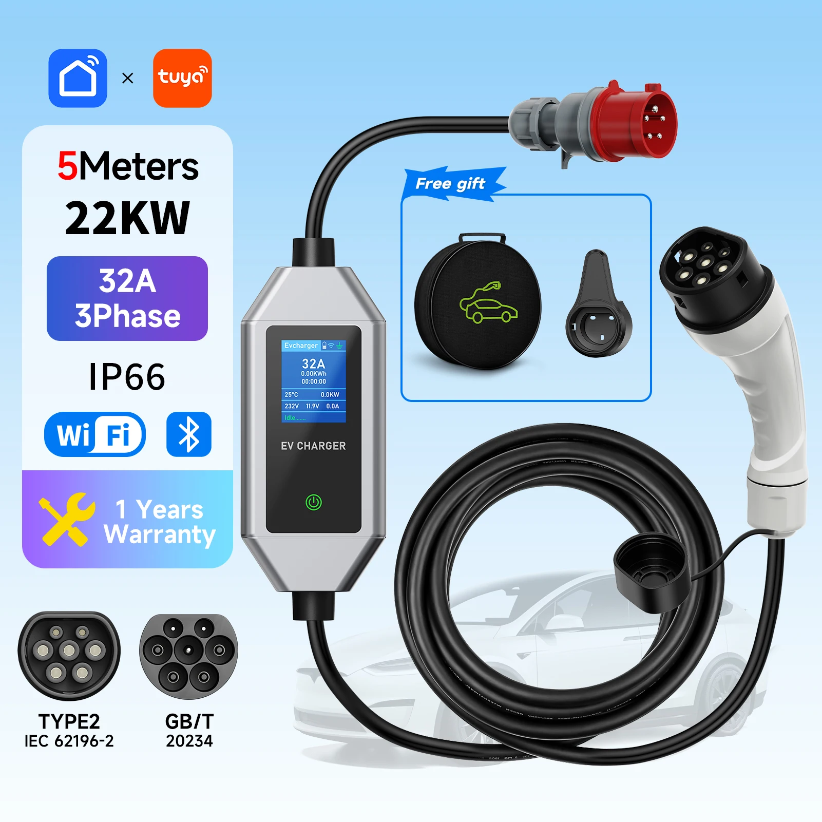 

22KW Portable EV Charger Wi-Fi APP Control Type 2 32A 3Phase GB/T Smart Electric Car Charging Station For Electric Car