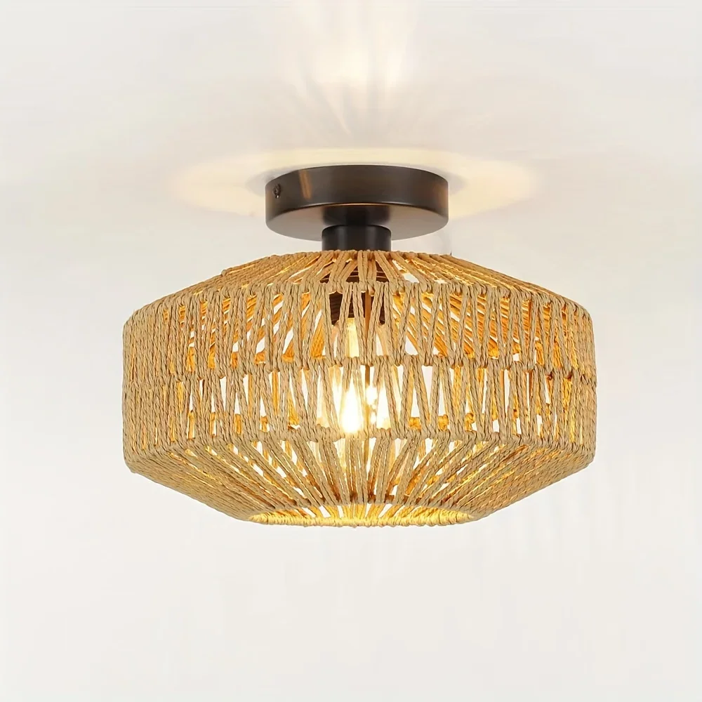 Bohemian Rattan Ceiling Light Fixtures-Handwoven Willow Strip Design, Coastal Farmhouse Style for Bedroo Kitchen Boho Home Decor