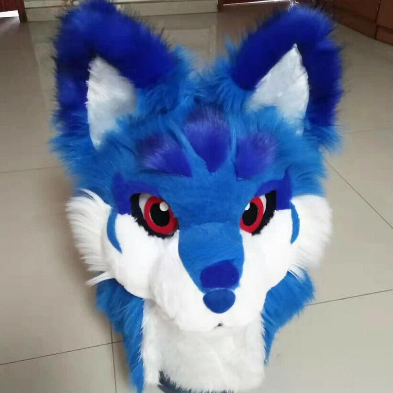 Husky Dog Fox Mascot Costume Stuffed Animals Halloween Blue Long Fur Suit Cosplay Fursuit