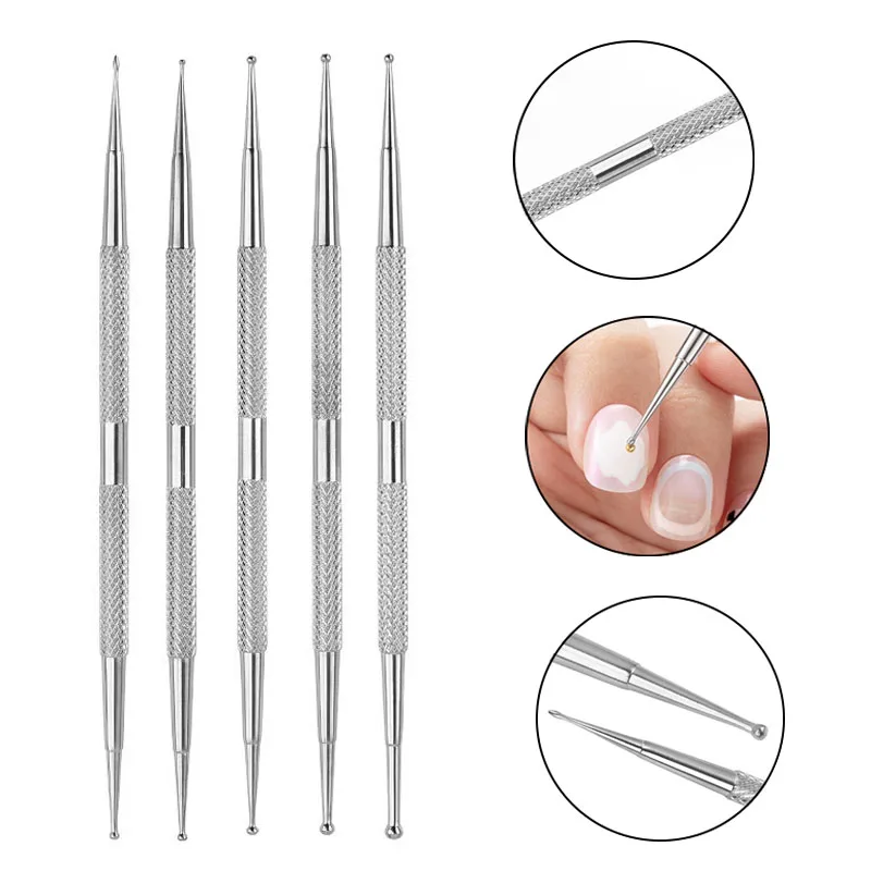 New 5pcs Dual End Stainless Steel Nail Dot Rod Pen Rhinestone Applicator Pencil Nail Sculpting Pen Diamond Tools DB03
