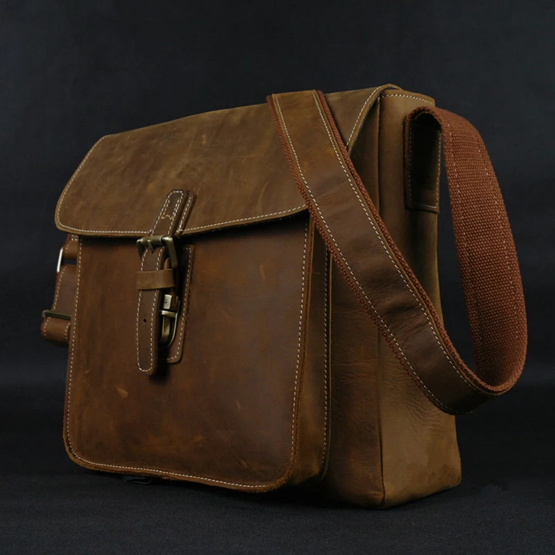 Vintage Full Grain Crazy Horse Genuine Leather Messenger Bag for Men Shoulder Bag Sling Crossbody Bag Casual Leisure Bag Brown