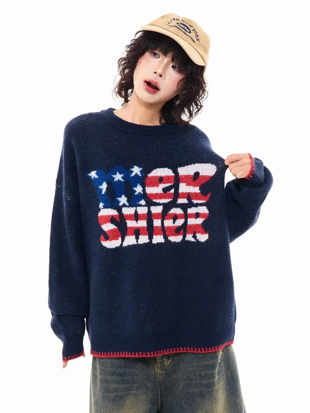 

Retro American Color Blo Letter Sweater ex Loose Casual Sle Knitted round Ne Pullover for Autumn Winter