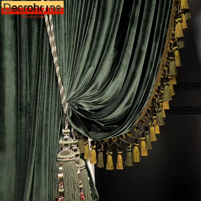 Luxury Retro Dark Green Velvet Tassels Thickened Blackout Curtains for Living Room Bedroom French Window Villa Customization