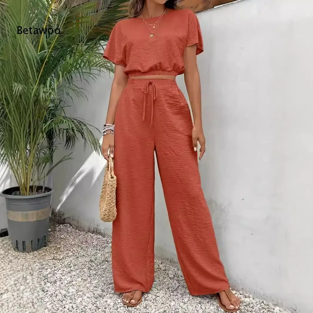 Daily Wear Wrinkle Textured Short Sleeve Cropped Top High Rise Wide Leg Pant Suit