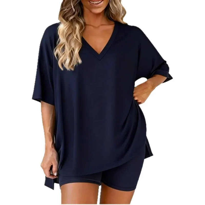 Women's Summer V-Neck Solid Color Loose Loungewear Set Casual Pajamas Two Piece OutfitYY267