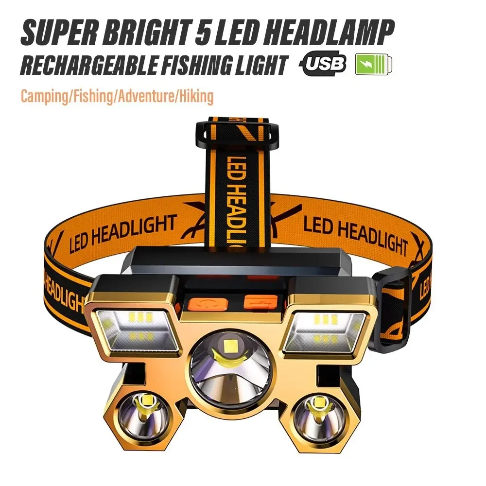 Fishing Camping Light 5*LED High Power Headlamp Super Bright Rechargeable  Long Distance Head Mounted Mining Lamp Flashlight