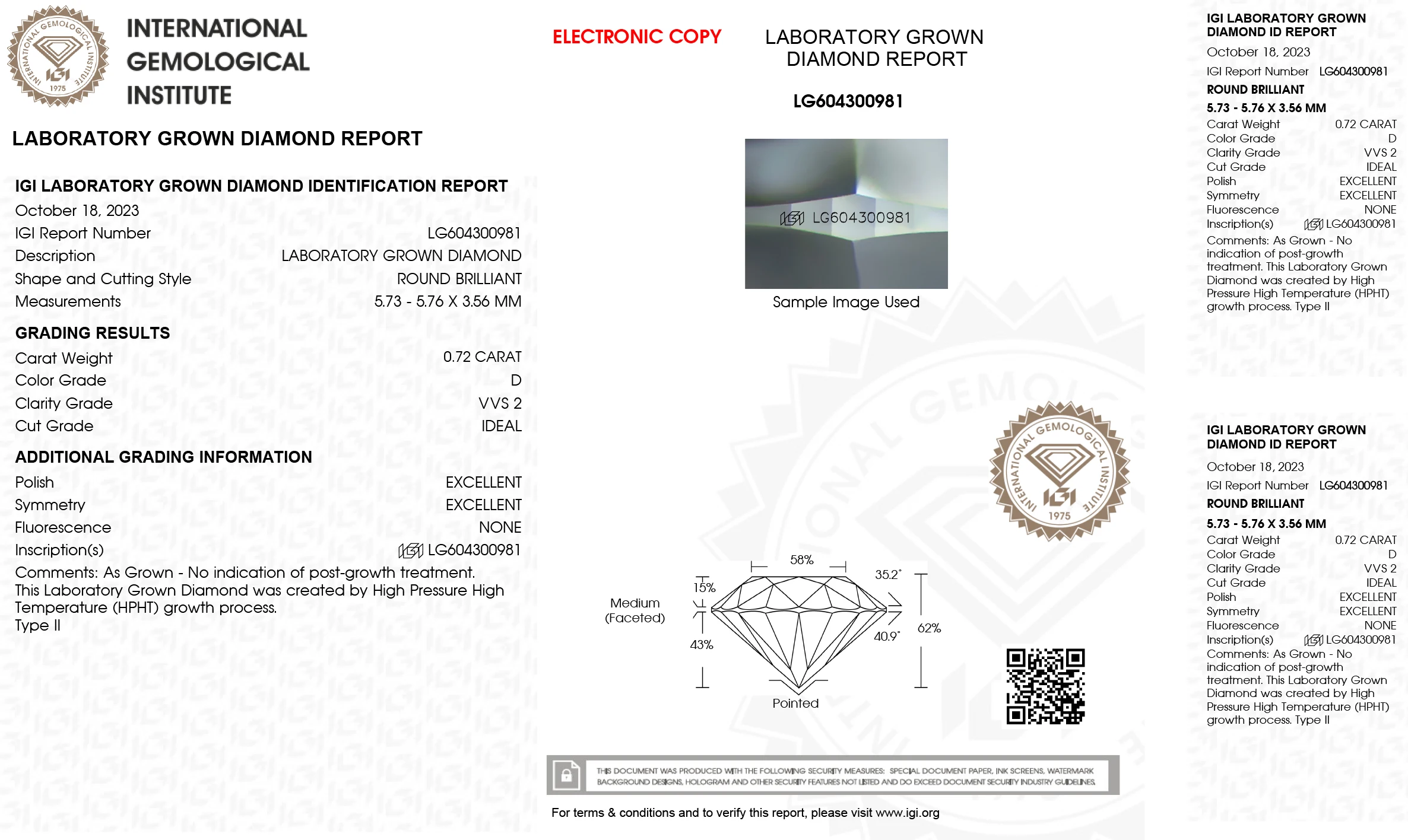 Lab Grown Diamonds 0.72 CT D Color VVS2 Clarity IGI Certified Round cut CVD HPHT Loose Diamonds for Custom Diamond Jewelry