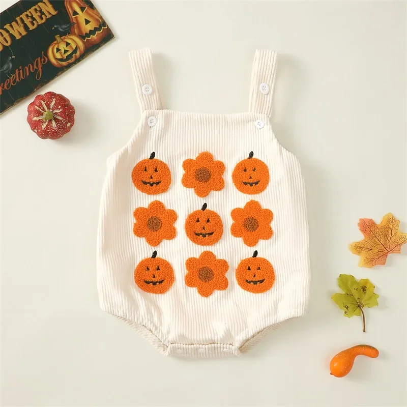 Baby Boy Girl Halloween Overalls Pumpkin Flower Embroidery Square Neck Sleeveless Corduroy Romper for Fall Winter