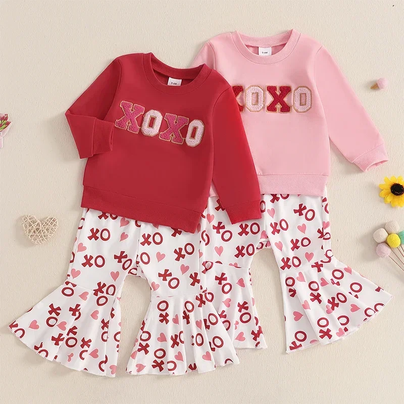 Valentine's Day Outfits Kids Baby Girls Clothing Letter Embroidery Long Sleeve Sweatshirt with Heart Print Flare Pants Sets