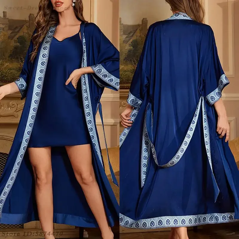 

Женский сексуальный комплект-двойной халат, длинное кимоно, халат, ночная рубашка, костюм, весна-лето, одежда для сна, свадебный атласный домашний халат, одежда для дома