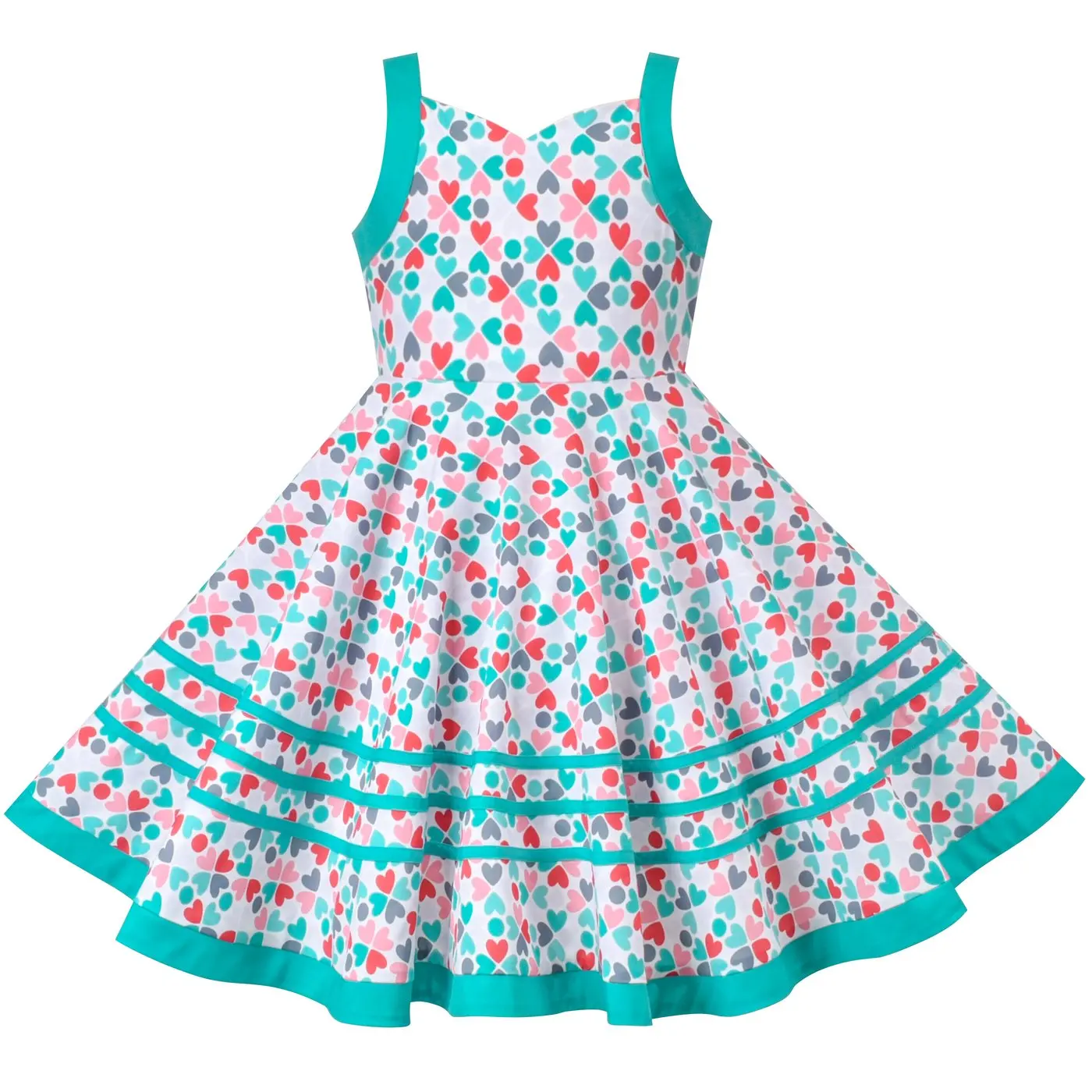 Girls Dress Vintage Green Heart Puffy Skirt Multi-color Stripe Sleeveless
