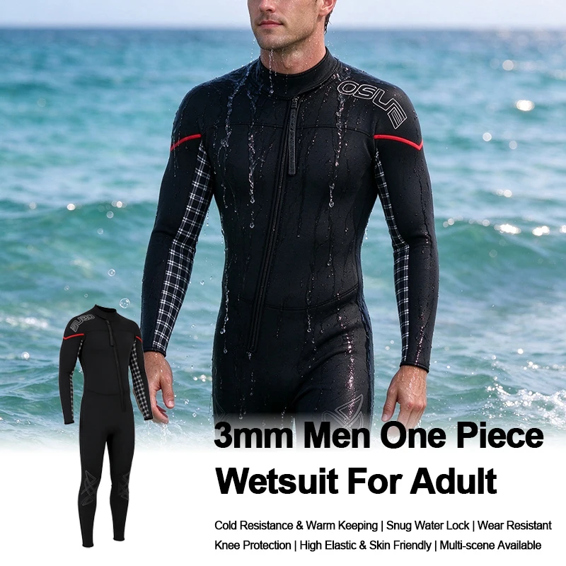 Men 3mm Long Sleeve One Piece Wetsuit, Skin-Friendly & Water Resistant, Durable Wet Suit For Adult Outdoor Swimming Surfing Snor