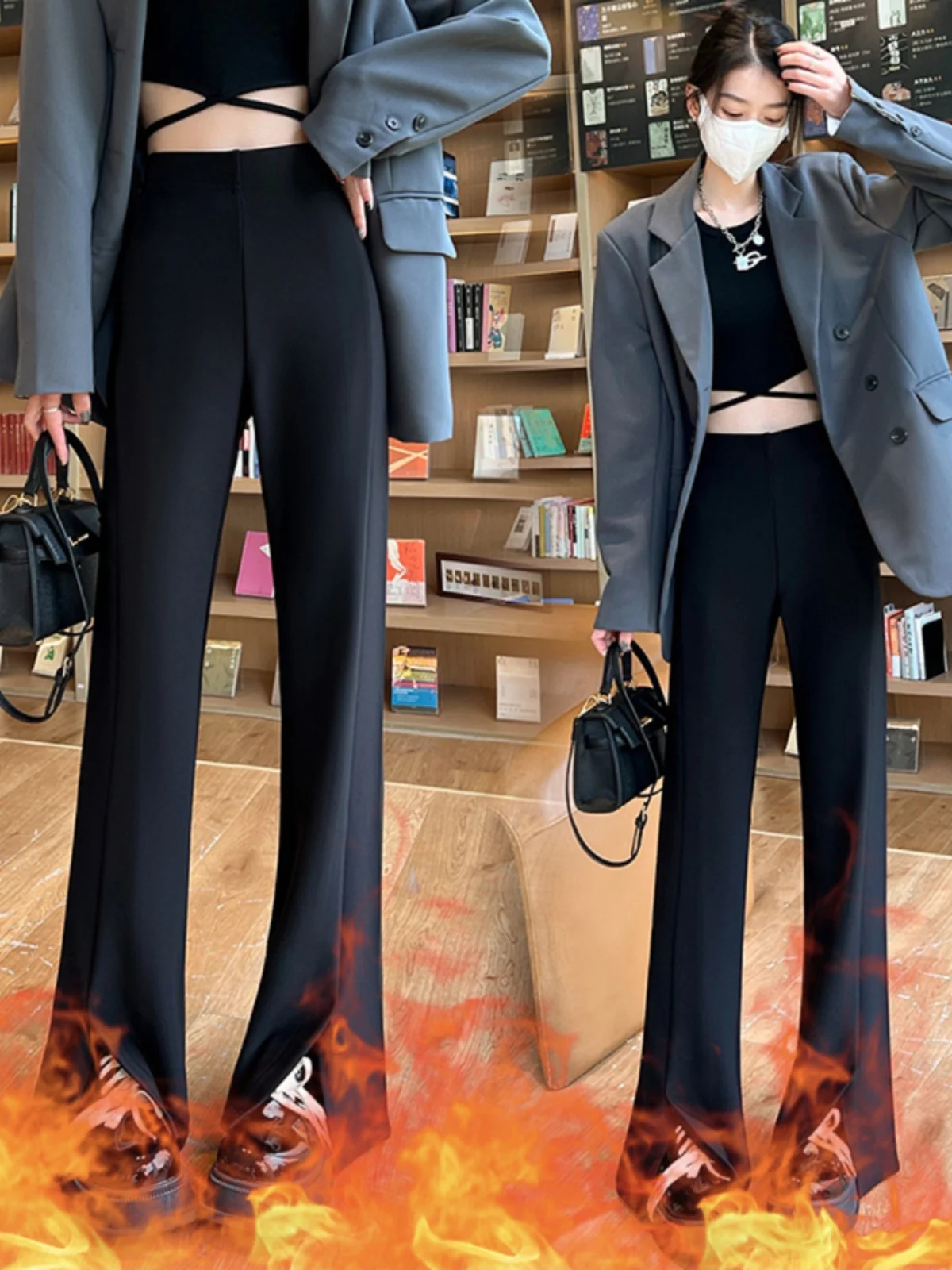 

Женские черные брюки с высокой талией, широкими штанинами и микро-клешем, осенне-зимние, облегающие, повседневные, для невысоких женщин