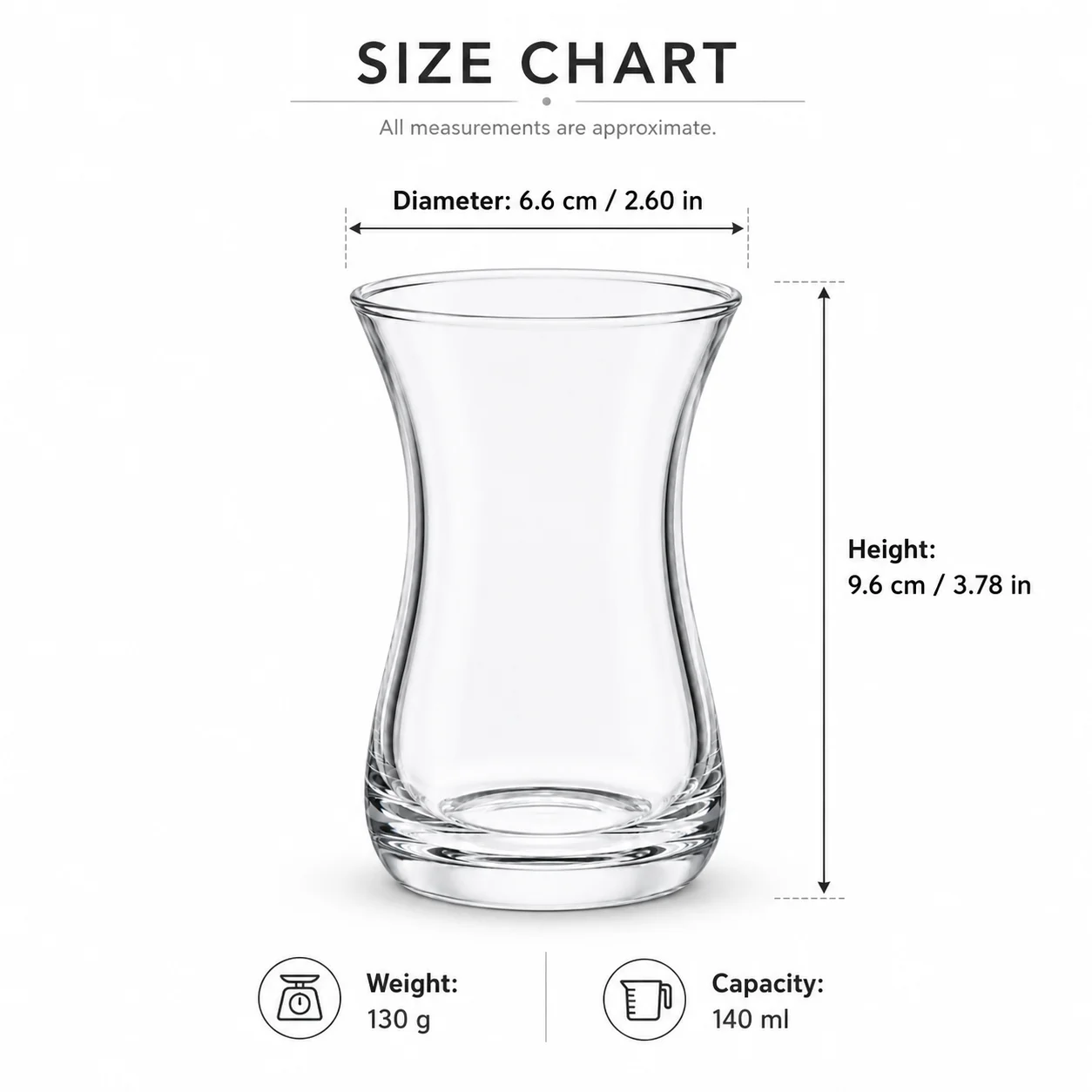 6PCS 140ml Turkish Tea Glass Cup Clear Hourglass Shaped Tea Cups for Black Tea Coffee Espresso Home Cafe Restaurant