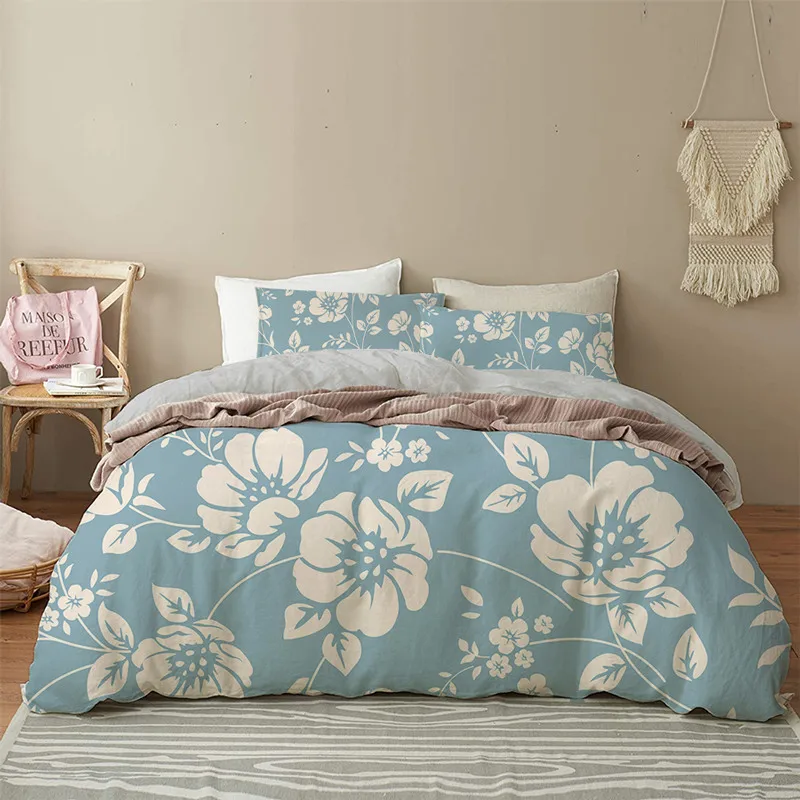 Floral Duvet Cover Microfiber 2/3pcs Queen Daisy Bedding Set Leaves Plant Print Soft Breathable Quilt Cover With Zipper Closure