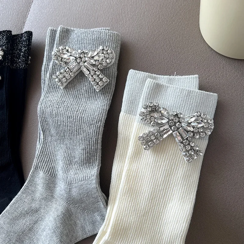 Bow Tie Crystal Rhinestone Charm Slouch Junk Socks Women