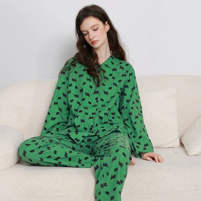 Korean Style Contrast Color Kitten Print Pajama Set Women Long Sleeve Pants Cotton Loungewear Autumn Winter Wear XL Size Green